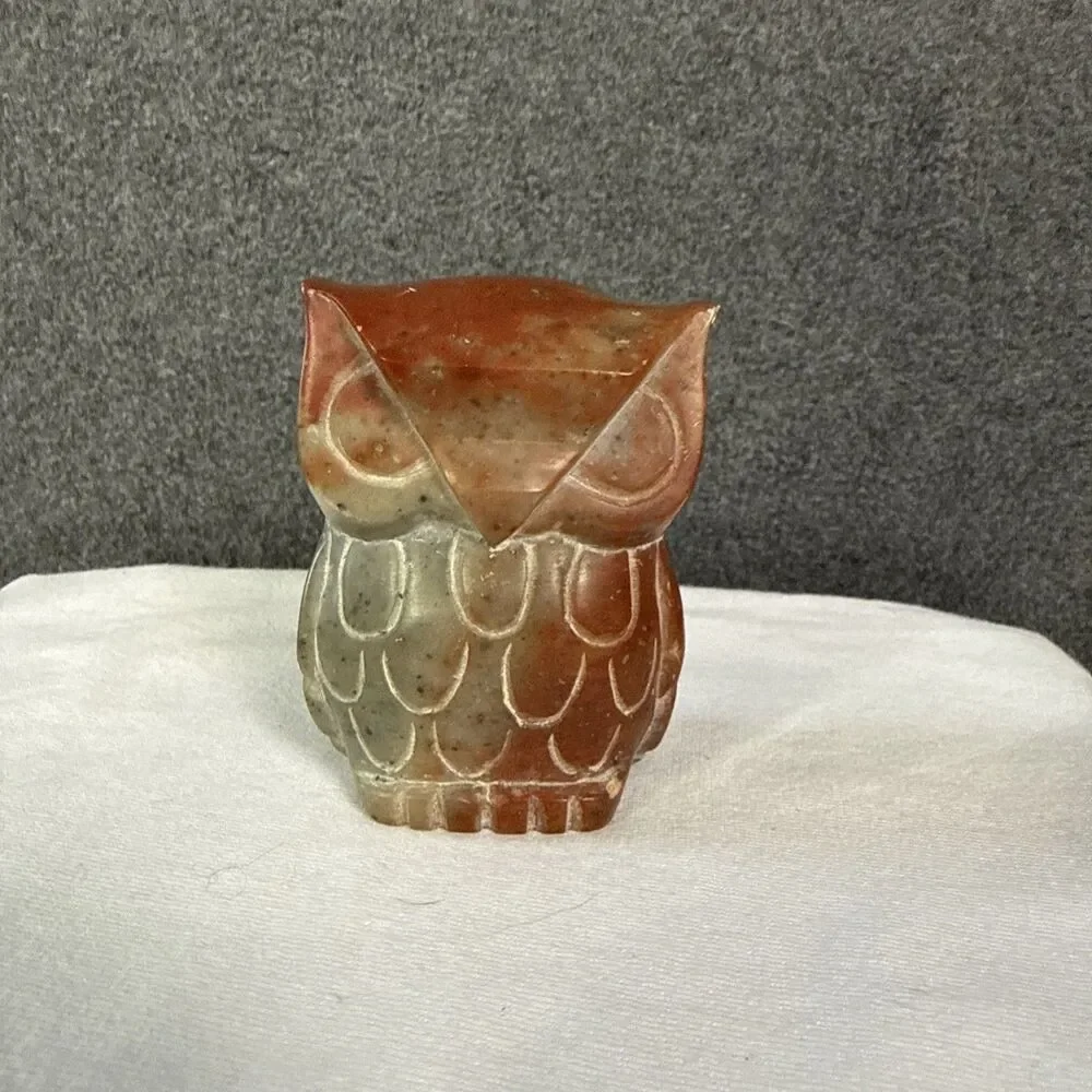 HAND CARVED MARBLE SCULPTURE STONE OWL FIGURINE 2.25” Jasper? - Picture 1 of 7